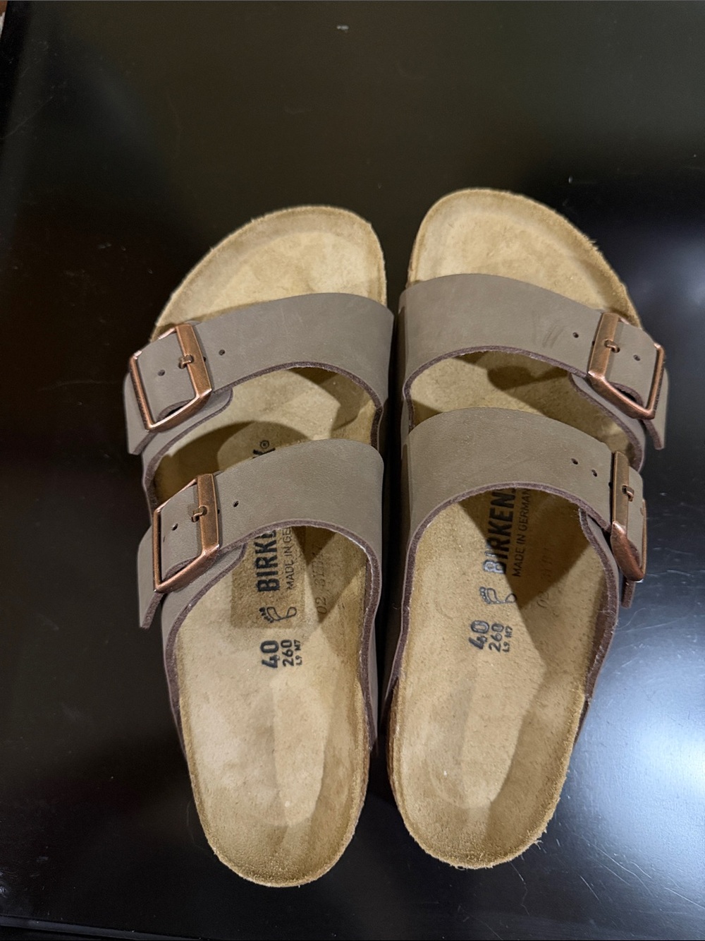 Birkenstock Men’s Arizona Sandals in Taupe with Copper Buckles